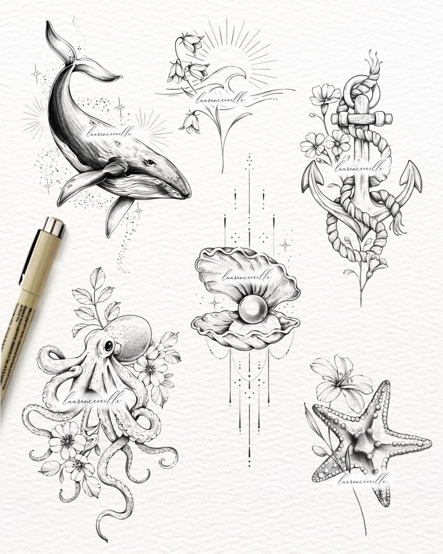 Sea Tattoo Flash | Whale Octopus Starfish Shell and Anchor