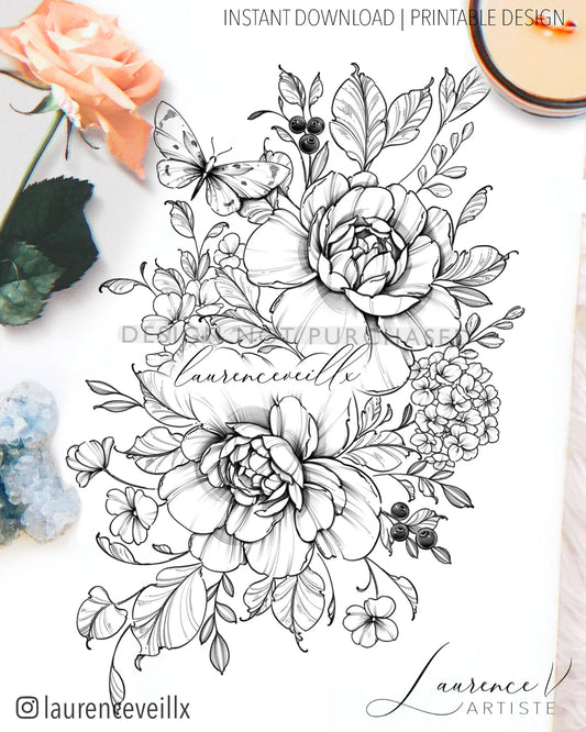 Peonies Hydrangeas and Butterfly - LaurenceVartiste